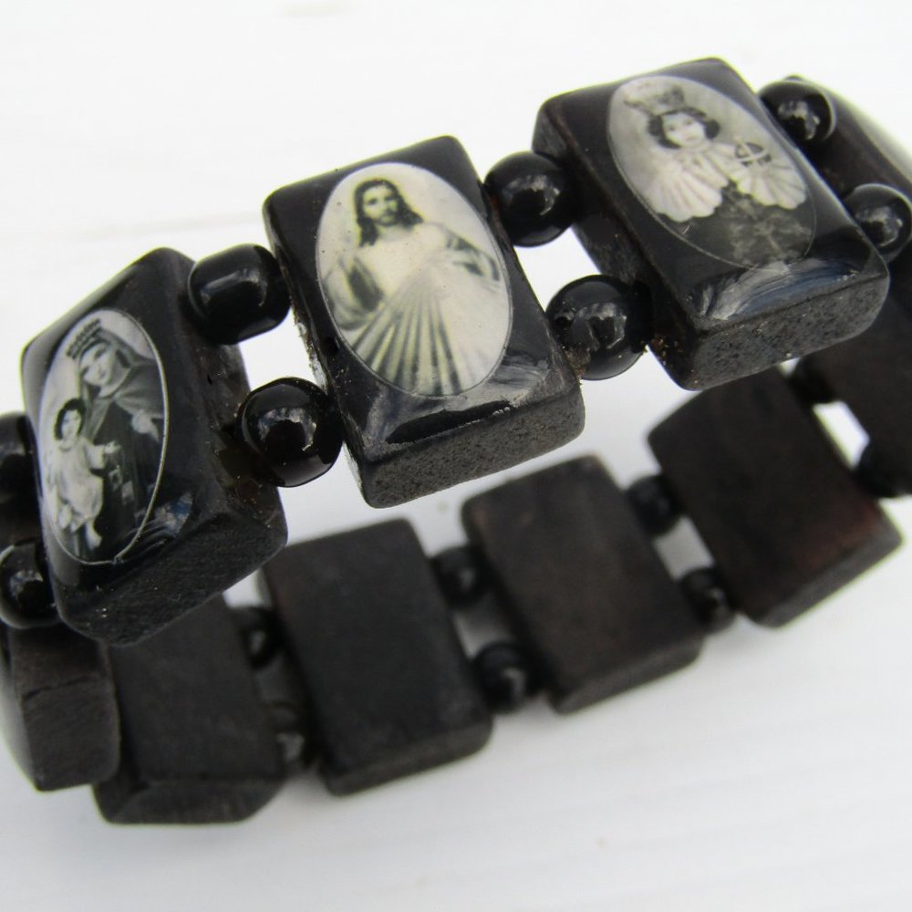 Wooden Religious Bracelet Decoupage Beads